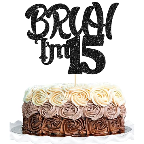 Ephlyn 1 x Bruh I'm 15 Tortenaufsatz mit Glitzer, Aufschrift "Happy 15th Birthday", Bro I'm 15 It's My 15th Birthday, Kuchendekoration für Cheers to 15 Jahre, Party-Dekorationen, Zubehör, Schwarz von Ephlyn
