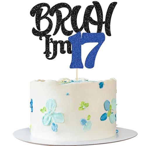 Ephlyn 1 x Bruh I'm 17 Tortenaufsatz mit Glitzer, Aufschrift "Happy 17th Birthday", Bro I'm 17 It's My 17th Birthday, Kuchendekoration für Cheers to 17 Jahre, Party-Dekorationen, Zubehör, Schwarz von Ephlyn