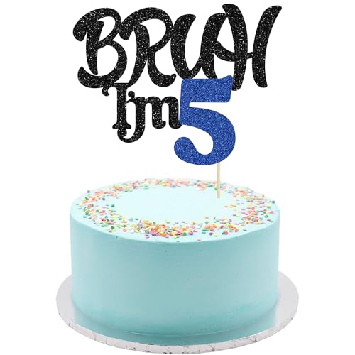 Ephlyn 1 x Bruh I'm 5 Tortenaufsatz mit Glitzer, Aufschrift "Happy 5th Birthday", Bro I'm 5 It's My 5th Birthday, Kuchendekoration für Cheers to 5 Jahre, Party-Dekorationen, Zubehör, Schwarz / Blau von Ephlyn