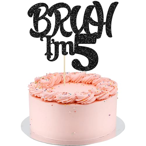 Ephlyn 1 x Bruh I'm 5 Tortenaufsatz mit Glitzer, Aufschrift "Happy 5th Birthday", Bro I'm 5 It's My 5th Birthday, Kuchendekoration für Cheers to 5 Jahre, Party-Dekorationen, Zubehör, Schwarz von Ephlyn