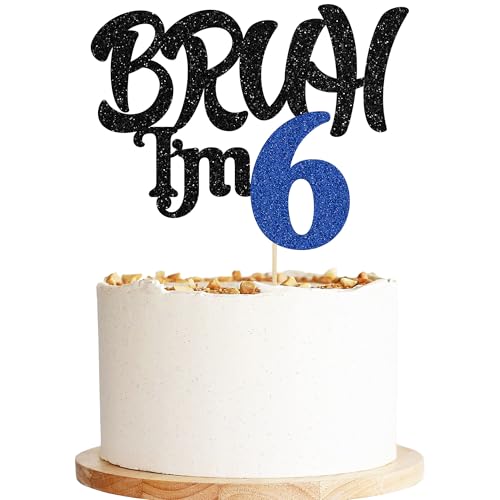 Ephlyn 1 x Bruh I'm 6 Tortenaufsatz mit Glitzer, Aufschrift "Happy 6th Birthday", Bro I'm 6 It's My 6th Birthday, Kuchendekoration für Cheers to 6 Jahre, Party-Dekorationen, Zubehör, Schwarz / Blau von Ephlyn