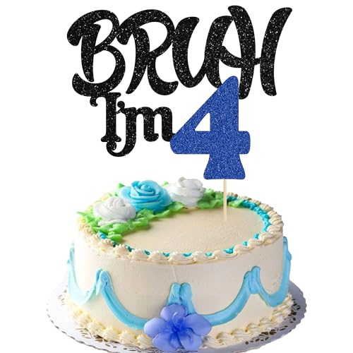 Ephlyn 1 x Tortenaufsatz Bruh I'm 4, glitzernd, "Happy 4th Birthday", Kuchendekoration für Cheers bis 4 Jahre, Party-Dekorationen, Zubehör, Schwarz / Blau von Ephlyn