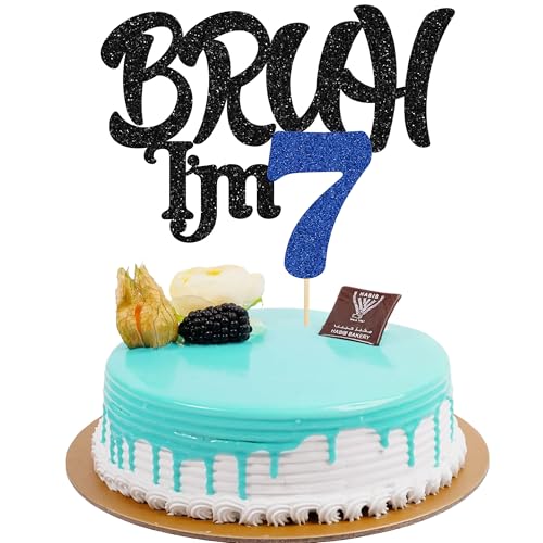 Ephlyn 1 x Tortenaufsatz Bruh I'm 7, glitzernd, "Happy 7th Birthday", Kuchendekoration für Cheers to 7 Jahre, Party-Dekorationen, Zubehör, Schwarz / Blau von Ephlyn