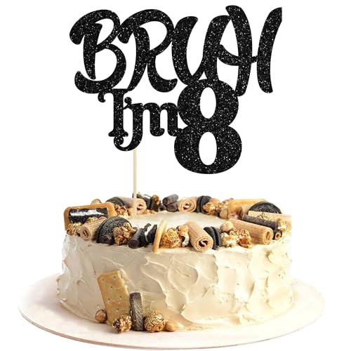 Ephlyn 1 x Tortenaufsatz Bruh I'm 8, glitzernd, "Happy 8th Birthday", Bro I'm 8 It's My 8th Birthday, Kuchendekoration für Cheers to 8 Jahre, Party-Dekorationen, Zubehör, Schwarz von Ephlyn