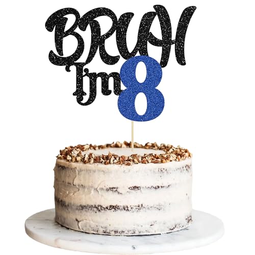 Ephlyn 1 x Tortenaufsatz Bruh I'm 8, glitzernd, "Happy 8th Birthday", Kuchendekoration für Cheers to 8 Jahre, Party-Dekorationen, Zubehör, Schwarz / Blau von Ephlyn
