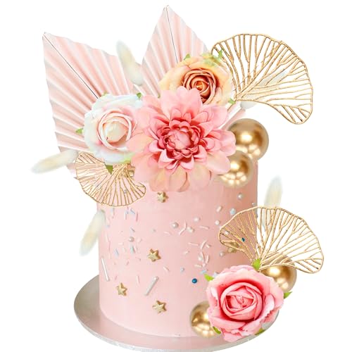 Ephlyn 24 Stück Boho-Blumen-Goldblätter, Kuchendekoration, Schaumstoff-Kugel, Kuchendekorationen für Hochzeit, Babyparty, Geburtstag, Partyzubehör, Rosa von Ephlyn