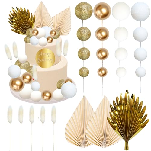 Ephlyn 33 Stück Kugeln Kuchen Topper Boho Palmblätter Kuchen Dekorationen Runde Acryl Happy Birthday Cupcake Toppers für Geburtstag Hochzeit Baby Shower Party Supplies Gold Weiß von Ephlyn