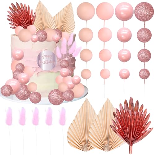 Ephlyn 33 Stück Kugeln Kuchen Topper Boho Palmblätter Kuchen Dekorationen Runde Acryl Happy Birthday Cupcake Toppers für Geburtstag Hochzeit Baby Shower Party Supplies Roségold von Ephlyn
