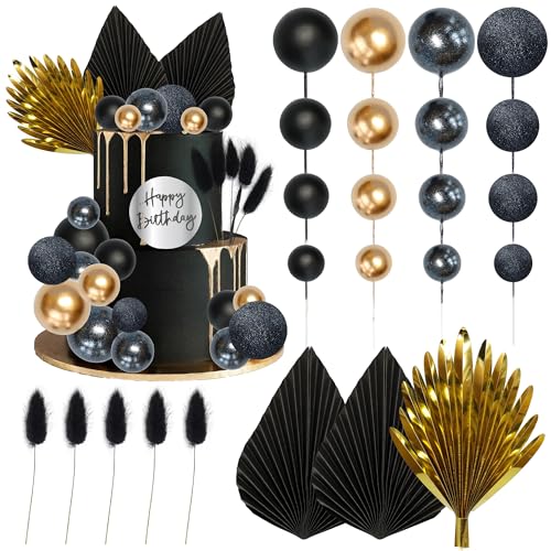 Ephlyn 33 Stück Kugeln Kuchen Topper Boho Palmblätter Kuchen Dekorationen Runde Acryl Happy Birthday Cupcake Toppers für Geburtstag Hochzeit Baby Shower Party Supplies Schwarz Gold von Ephlyn