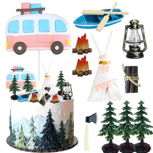 Ephlyn Camping-Kuchenaufsatz, Camping-Party-Dekorationsset, Wald-Lagerfeuer, Kuchenspieß für Happy Camping-Themenparty, DIY-Kuchendekorationen, Zubehör, Rosa, 12 Stück von Ephlyn