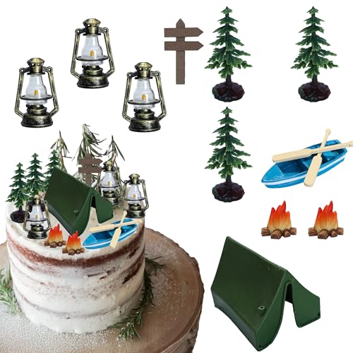 Ephlyn Cupcake-Aufsätze für Campingpartys, drei Bäume, Zelt, Cupcake-Picks, Happy Camping, Kuchendekorationen für Camping, Partyzubehör, grün, 12 Stück von Ephlyn