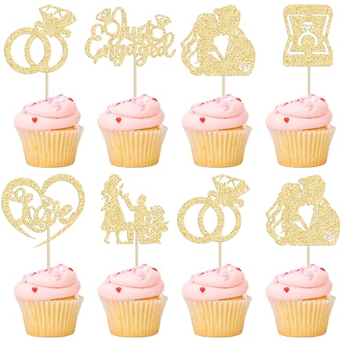 Ephlyn Cupcake-Topper "Just Engaged", Glitzerring, Liebesantrag, Verlobung, Cupcake-Pick-Dekorationen für Brautparty, Verlobung, Hochzeit, Dekoration, Partyzubehör, Gold, 24 Stück von Ephlyn