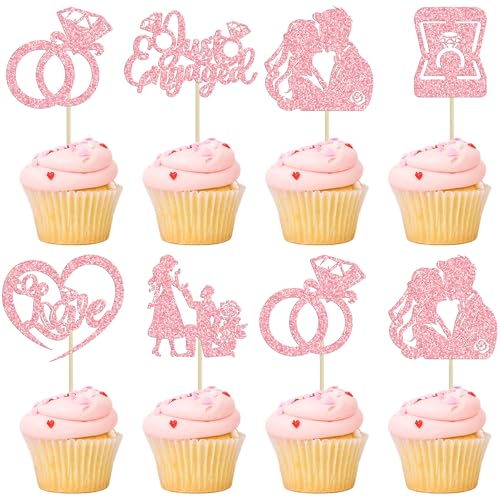 Ephlyn Cupcake-Topper "Just Engaged", Glitzerring, Liebesantrag, Verlobung, Cupcake-Pick-Dekorationen für Brautparty, Verlobung, Hochzeit, Dekoration, Partyzubehör, Rosa, 24 Stück von Ephlyn