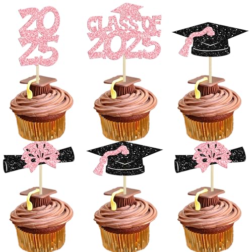Ephlyn Cupcake-Topper für Abschlussfeier 2025, Glitzer, Klasse von 2025, Congrats Grade Diplom, Abschlussfeier, Cupcake-Picks für 2025 Abschlussfeier, Party, Kuchendekorationen, Zubehör, Rosa, 36 von Ephlyn