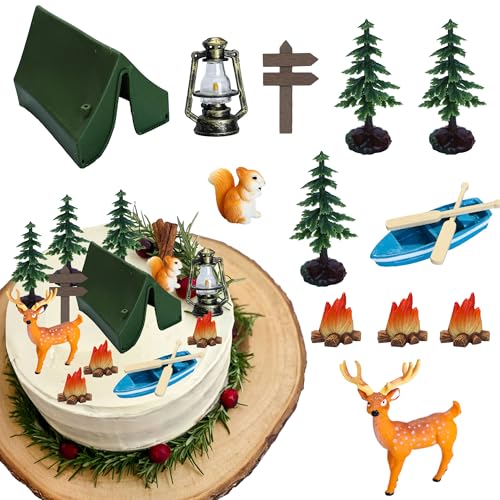 Ephlyn Cupcake-Topper für Campingpartys, Hirsch, drei Bäume, Zelt, Cupcake-Picks, Happy Camping, Kuchendekorationen für Camping, Partyzubehör, Gelb, 12 Stück von Ephlyn