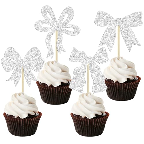 Ephlyn Cupcake-Topper mit Schleife, für Geburtstag, Babyparty, Geburtstag, Hochzeit, Motto-Party, Silber, 24 Stück Ephlyn Cupcake-Topper mit Schleife, für Geburtstag, Babyparty, Geburtstag, Hochzeit, Motto-Party, Silber, 24 Stück von Ephlyn