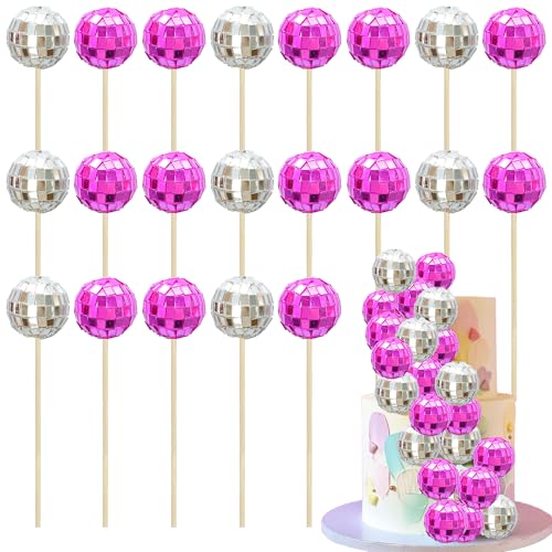 Ephlyn Discokugel-Cupcake-Topper für Weihnachten, Discokugeln, Cupcake-Picks, Mini-Disco-Kugel-Kuchenaufsätze, Dekorationen für Disco-Mottoparty, 70er-Jahre, Disco-Party-Dekorationen, Rosenrot, von Ephlyn