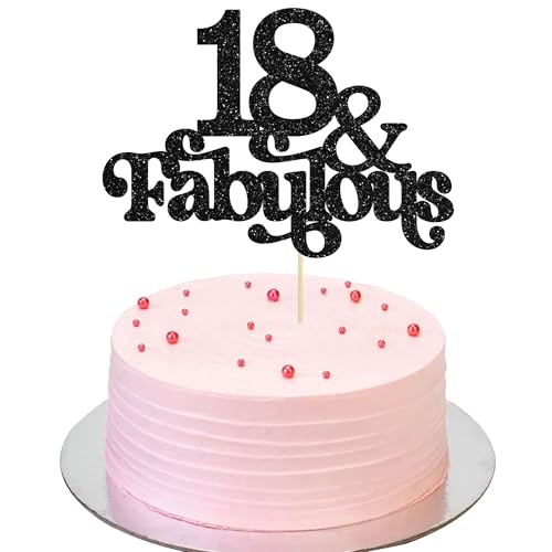 Ephlyn Tortenaufsatz, 18 & Fabulous, glitzernd, 18 und fabelhafte Tortenaufsätze, Happy 18th Birthday, Kuchendekoration für 18. Hochzeitstag, Geburtstag, Party-Dekoration, Zubehör, Schwarz von Ephlyn