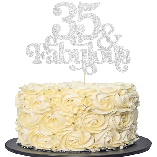 Ephlyn Tortenaufsatz, 35 & Fabulous Glitzer, 35 und fabelhafte Kuchenaufsätze, Happy 35th Birthday, Kuchendekoration für 35. Hochzeitstag, Geburtstag, Party-Dekoration, Silber, 1 Stück von Ephlyn