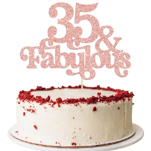 Ephlyn Tortenaufsatz, 35 & Fabulous Glitzer, 35 und fabelhafte Kuchendekoration, Happy 35th Birthday, Kuchendekoration für 35. Hochzeitstag, Geburtstag, Party-Dekoration, Zubehör, Roségold, 1 Stück von Ephlyn