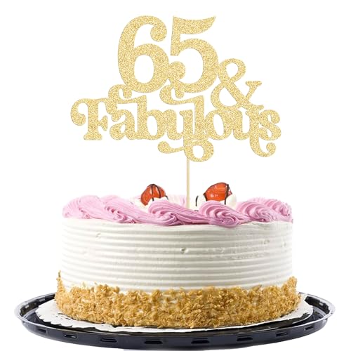 Ephlyn Tortenaufsatz, 65 & Fabulous, glitzernd, Fünfundsechzig und fabelhaft, Kuchendekoration "Happy 65th Birthday", für 65. Hochzeitstag, Geburtstag, Party-Dekoration, Zubehör, goldfarben, 1 Stück von Ephlyn