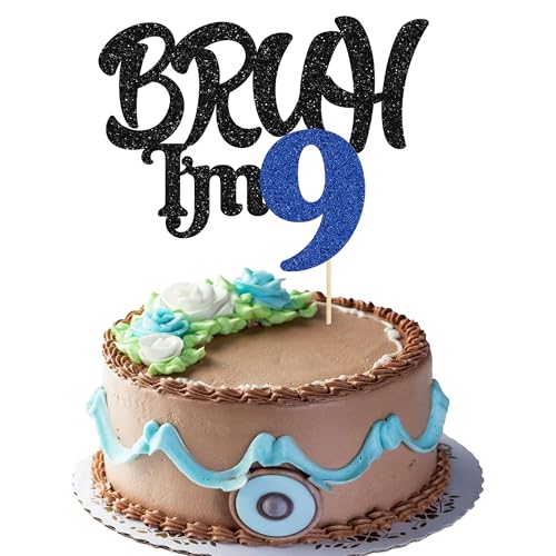 Ephlyn Tortenaufsatz Bruh I'm 9, glitzernd, "Happy 9th Birthday", Kuchendekoration für Cheers bis 9 Jahre, Party-Dekoration, Schwarz / Blau, 1 Stück von Ephlyn