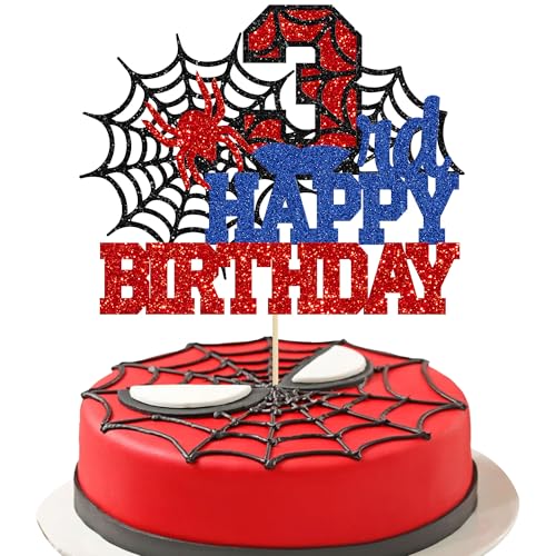 Ephlyn Tortenaufsatz "Happy 3rd Birthday", Glitzer-Spinnen-Thema, Happy Third Birthday, Kuchendekoration für Männer, Jungen, Kinder, 3 Jahre Geburtstag, Partyzubehör, 1 Stück von Ephlyn