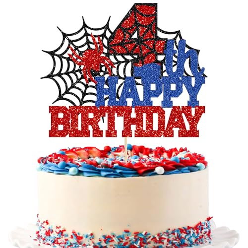 Ephlyn Tortenaufsatz "Happy 4th Birthday", Glitzer-Spinnen-Motiv, Kuchendekoration für Männer, Jungen, Kinder, Prost bis 4 Jahre, Partyzubehör, 1 Stück von Ephlyn