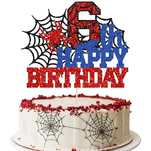 Ephlyn Tortenaufsatz "Happy 6th Birthday", Glitzer-Spinnen-Thema, Happy Sixth Birthday, Kuchendekoration für Männer, Jungen, Kinder, 6 Jahre Geburtstag, Partyzubehör, 1 Stück von Ephlyn