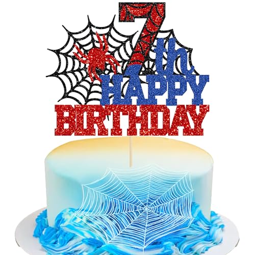 Ephlyn Tortenaufsatz "Happy 7th Birthday", Glitzer-Spinnen-Motiv, Kuchendekoration für Männer, Jungen, Kinder, 7 Jahre, Partyzubehör, 1 Stück von Ephlyn