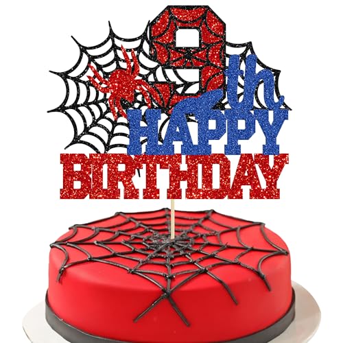 Ephlyn Tortenaufsatz "Happy 9th Birthday", Glitzer-Spinnen-Motiv, Kuchendekoration für Männer, Jungen, Kinder, Prost bis 9 Jahre, Partyzubehör, 1 Stück von Ephlyn