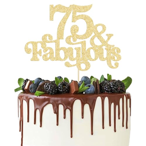 Ephlyn Tortenaufsatz mit Aufschrift "75 & Fabulous", glitzernd, 75. Geburtstag, Party-Dekoration, goldfarben, 1 Stück von Ephlyn