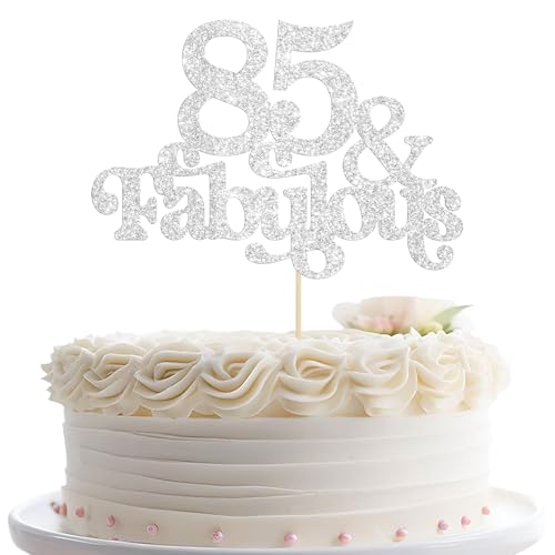 Ephlyn Tortenaufsatz mit Aufschrift "85 & Fabulous", glitzernd, 85. Geburtstag, Party-Dekoration, silberfarben, 1 Stück von Ephlyn