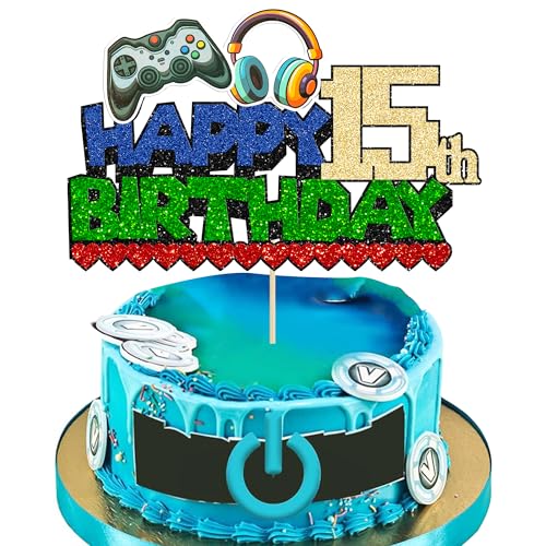 Ephlyn Tortenaufsatz zum 15. Geburtstag, Motiv: Videospiel "Happy 15th Birthday", Glitzer-Videospiel, Kuchen-Picker, Spiel auf Controllern, 15 Jahre Kuchendekoration für Happy 15th Birthday, von Ephlyn