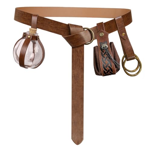 EpicCos Mittelalterliche Renaissance Kostüm Gürtel, Retro Zubehör mit Leder Beutel Getränk Flasche Rock Clips für Ren Faire Cosplay von EpicCos