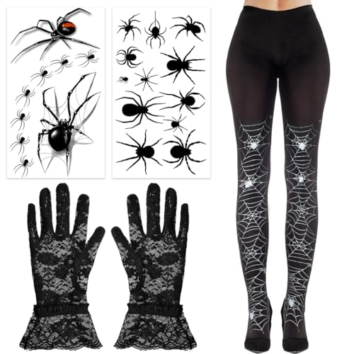 Epokus 3 Stück Halloween Spinnenkostüm Damen, Spinnenweben strumpfhose, spinnennetz strü Zubehör Set, Gotische Spitzenhandschuhe, Spinnen Gesichtstattoos, halloween Karneval Kostüm von Epokus