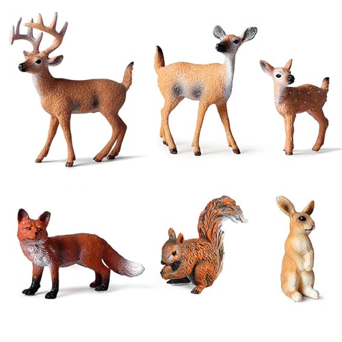 Epokus 6 Stück Waldtiere Figuren, Miniatur Hirsch Ornamente, Fuchs Kaninchen Eichhörnchen Figuren, Weihnachten Mini Tierfiguren, Kinder Deer Geschenk für Geburtstag Wald Themenparty Cupcake Topper von Epokus