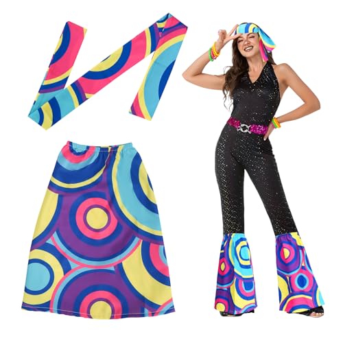 70er Jahre Hippie Kostüm Damen Set, Hippie Stirnband und Hippie Stulpen, Hippie Hose Accessoires, 60er/70er Jahre Outfit Damen für Karneval Kostüm Hippie MottoParty Musikfestivals Bälle (Blauer Kreis) von Epokus