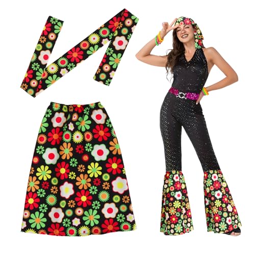 70er Jahre Hippie Kostüm Damen Set, Hippie Stirnband und Hippie Stulpen, Hippie Hose Accessoires, 60er/70er Jahre Outfit Damen für Karneval Kostüm Hippie MottoPartys Musikfestivals Bälle (Blume) von Epokus