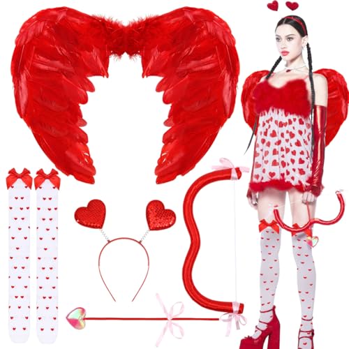 Amor Kostüm Valentinstag, Engelsflügel Kostüm Damen, Romantische Cupid Kostüm mit Bogen Pfeil, Haarreif, Rote Federflügel und Kniestrümpfe, für Mädchen Damen Valentinstag Karneval Mottoparty Cosplay Amor Kostüm Valentinstag, Engelsflügel Kostüm Damen, Romantische Cupid Kostüm mit Bogen Pfeil, Haarreif, Rote Federflügel und Kniestrümpfe, für Mädchen Damen Valentinstag Karneval Mottoparty Cosplay von Epokus