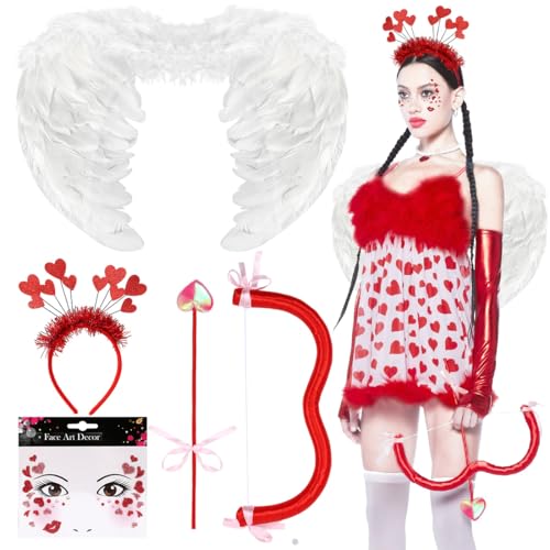Epokus Amor Kostüm Damen, Engelsflügel Kostüm mit Pfeil, Bogen, Weiße Federflügel, Gesicht Tattoo, für Damen und Mädchen Valentinstag Karneval Mottoparty Cosplay Epokus Amor Kostüm Damen, Engelsflügel Kostüm mit Pfeil, Bogen, Weiße Federflügel, Gesicht Tattoo, für Damen und Mädchen Valentinstag Karneval Mottoparty Cosplay von Epokus