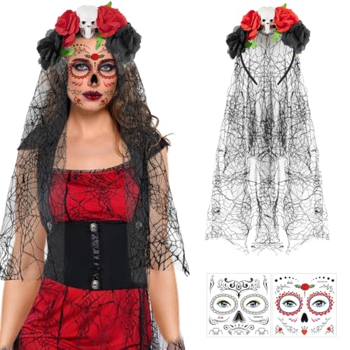 Epokus Tag Der Toten Kostüm Damen, Dia De Los Muertos Haarreif Schleier, Halloween Kopfschmuck, Rot Rosen Totenkopf Haarband mit Gesicht Tattoos, Haarband für karneval Fasching Maskerade Cosplay Epokus Tag Der Toten Kostüm Damen, Dia De Los Muertos Haarreif Schleier, Halloween Kopfschmuck, Rot Rosen Totenkopf Haarband mit Gesicht Tattoos, Haarband für karneval Fasching Maskerade Cosplay von Epokus