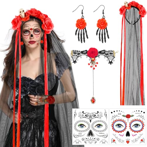 Halloween Kostüm Damen, Dia De Los Muertos Haarreif Schleier, Gesicht Tattoos, Tag Der Toten Kostüm, Gothic Halskette Choker Blumen Kronen für Karneval Fasching Maskerade Halloween Kostüm Damen, Dia De Los Muertos Haarreif Schleier, Gesicht Tattoos, Tag Der Toten Kostüm, Gothic Halskette Choker Blumen Kronen für Karneval Fasching Maskerade von Epokus