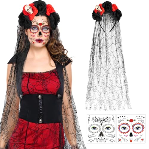 Tag Der Toten Kostüm Damen, Dia De Los Muertos Haarreif Schleier, Halloween Kopfschmuck, Schwarzen Rosen Totenkopf Haarband mit Gesicht Tattoos, Haarband für karneval Fasching Maskerade Cosplay Tag Der Toten Kostüm Damen, Dia De Los Muertos Haarreif Schleier, Halloween Kopfschmuck, Schwarzen Rosen Totenkopf Haarband mit Gesicht Tattoos, Haarband für karneval Fasching Maskerade Cosplay von Epokus