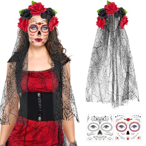 Epokus Tag Der Toten Kostüm Damen, Dia De Los Muertos Haarreif Schleier, Halloween Kopfschmuck, Schwarzen Rot Rosen Haarband mit Gesicht Tattoos, Haarband für karneval Fasching Maskerade Cosplay Epokus Tag Der Toten Kostüm Damen, Dia De Los Muertos Haarreif Schleier, Halloween Kopfschmuck, Schwarzen Rot Rosen Haarband mit Gesicht Tattoos, Haarband für karneval Fasching Maskerade Cosplay von Epokus