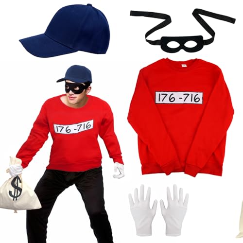 Epokus Panzerknacke Kostüm, Räuber Dieb Kostüm, Größe 3XL Banditen Langarm Shirt mit Maske Handschuhe Geldbeutel MÜTZE, Bande Fasching Kostüme Herren Damen, Herren Kostüme Outfits Halloween Karneval von Epokus