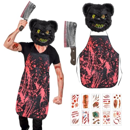 Epokus Horror-Bär Kostüm, Gruselige Halloween Männer Kostüme, Schwarz Horror Bärenmaske Blutige Küchenmesser Aufkleber Schürzefür für Herren Halloween Karneval Motto Grusel Cosplay Fasching Party Epokus Horror-Bär Kostüm, Gruselige Halloween Männer Kostüme, Schwarz Horror Bärenmaske Blutige Küchenmesser Aufkleber Schürzefür für Herren Halloween Karneval Motto Grusel Cosplay Fasching Party von Epokus