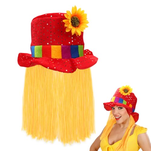 Hut Clara, Sonnenblume Hut mit Glitzer-Pailletten, Clownhut mir Haaren, Rot Stoffhut Zirkus Clow, Blumenhut Komiker Spaßvogel, Partyhut Kopfschmuck für Halloween Karneval Fasching Mottoparty Hut Clara, Sonnenblume Hut mit Glitzer-Pailletten, Clownhut mir Haaren, Rot Stoffhut Zirkus Clow, Blumenhut Komiker Spaßvogel, Partyhut Kopfschmuck für Halloween Karneval Fasching Mottoparty von Epokus