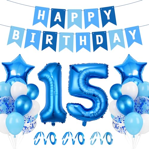 Luftballon 15. Geburtstag Blau, Ballon 15 Deko zum Geburtstag, Happy Birthday Folienballon, Riesen Folienballon Zahl 15, Ballon 15 Deko zum Geburtstag, Geburtstagsdeko Jungen 15 Jahr von Epokus