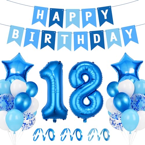 Luftballon 18. Geburtstag Blau, Ballon 18 Deko zum Geburtstag, Happy Birthday Folienballon, Riesen Folienballon Zahl 18, Ballon 18 Deko zum Geburtstag, Geburtstagsdeko Jungen 18 Jahr von Epokus